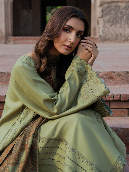 IZEL-3PC DHANAK EMBROIDERED SHIRT WITH COURTRAI PRINTED SHAWL & TROUSER-FW-228