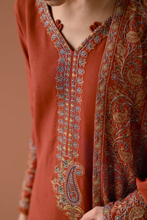 BATIK-3PC DHANAK EMBROIDERED SHIRT WITH DHANAK EMBROIDERED SHAWL AND TROUSER-FW-233