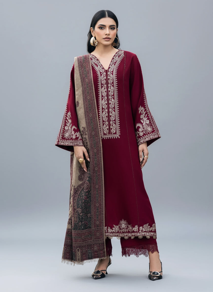 Fairy Clothes Embroidered 3pc Dhanak dress with Printed shawl - FW-19