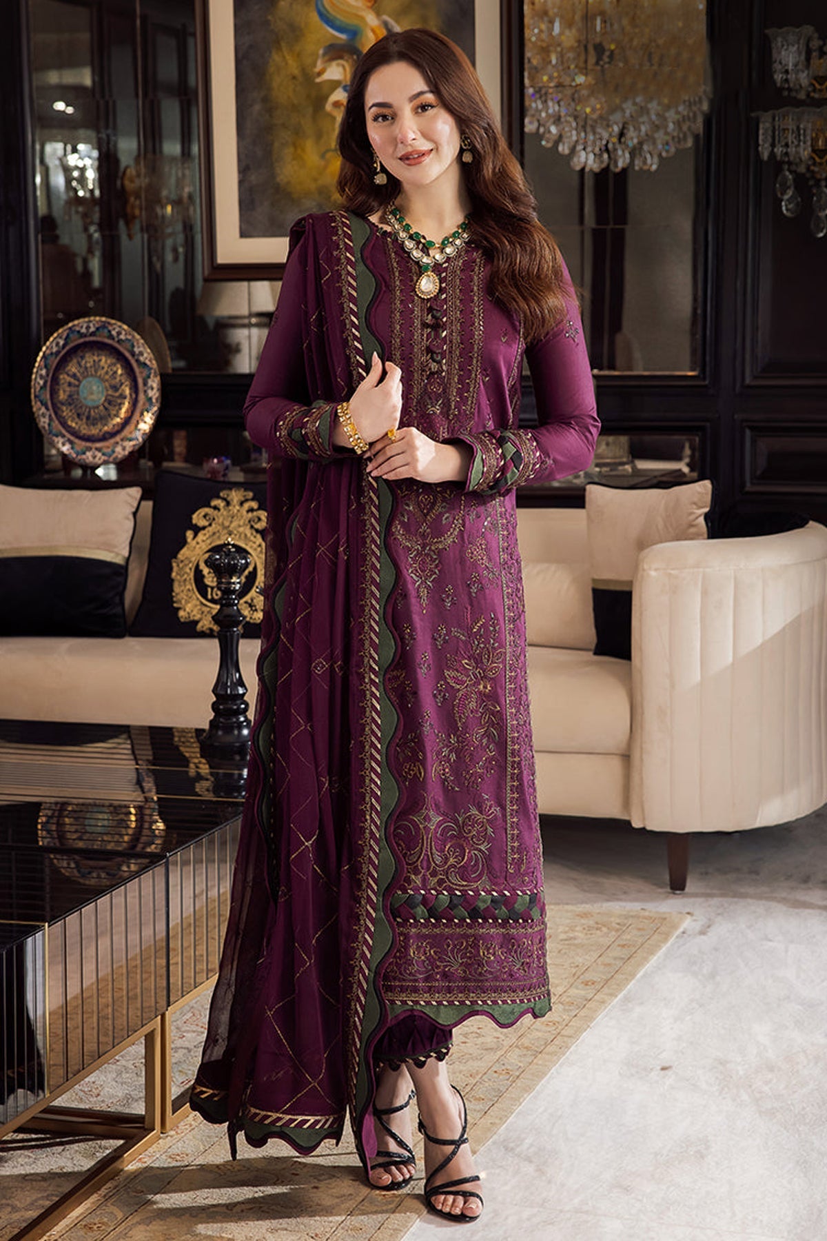 ASIM JOFA-3PC DHANAK EMBROIDERED SHIRT WITH DHANAK EMBROIDERED SHAWL & DHANAK TOUSER-FW-14