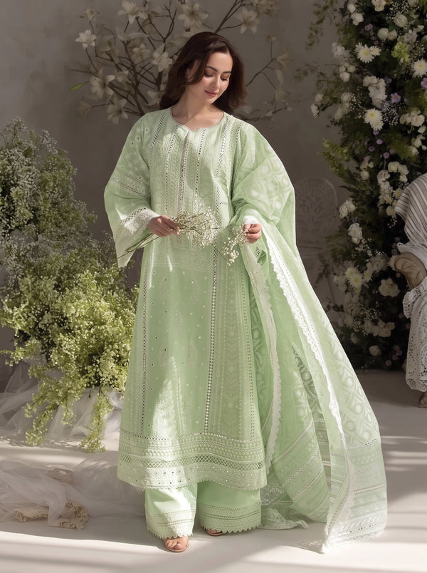 FAIRY CLOTHES -3PC EMBROIDED LAWN DRESS EMBROIDERED COTTON NET DUPPATA - FCO-29 Green BR-1153