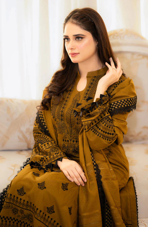 LIBAAS-3PC DHANAK EMBROIDERED SHIRT WITH DHANAK EMBROIDERED SHAWL & EMB TROUSER-BIC-4183