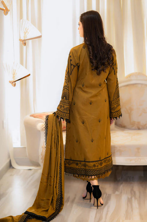 LIBAAS-3PC DHANAK EMBROIDERED SHIRT WITH DHANAK EMBROIDERED SHAWL & EMB TROUSER-BIC-4183