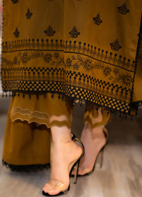 LIBAAS-3PC DHANAK EMBROIDERED SHIRT WITH DHANAK EMBROIDERED SHAWL & EMB TROUSER-BIC-4183