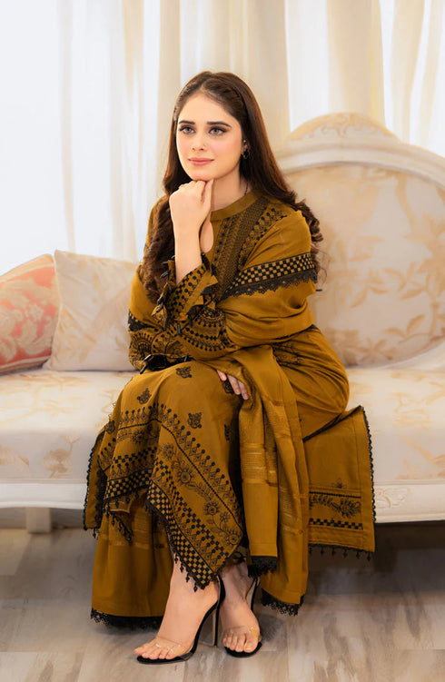 LIBAAS-3PC DHANAK EMBROIDERED SHIRT WITH DHANAK EMBROIDERED SHAWL & EMB TROUSER-BIC-4183