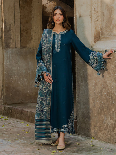 IZEL-3PC KHADDAR EMBROIDERED SHIRT WITH COURTRAI PRINTED SHAWL & TROUSER-FW-226