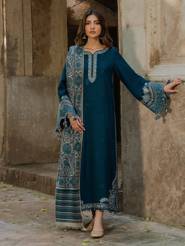 IZEL-3PC KHADDAR EMBROIDERED SHIRT WITH COURTRAI PRINTED SHAWL & TROUSER-FW-226