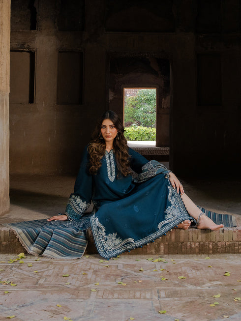 IZEL-3PC KHADDAR EMBROIDERED SHIRT WITH COURTRAI PRINTED SHAWL & TROUSER-FW-226