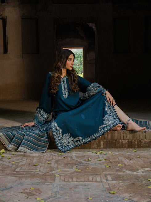 IZEL-3PC KHADDAR EMBROIDERED SHIRT WITH COURTRAI PRINTED SHAWL & TROUSER-FW-226