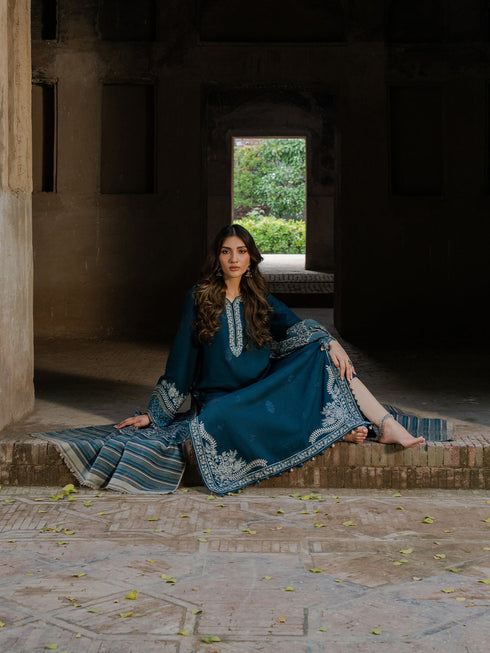 IZEL-3PC KHADDAR EMBROIDERED SHIRT WITH COURTRAI PRINTED SHAWL & TROUSER-FW-226