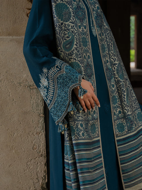IZEL-3PC KHADDAR EMBROIDERED SHIRT WITH COURTRAI PRINTED SHAWL & TROUSER-FW-226