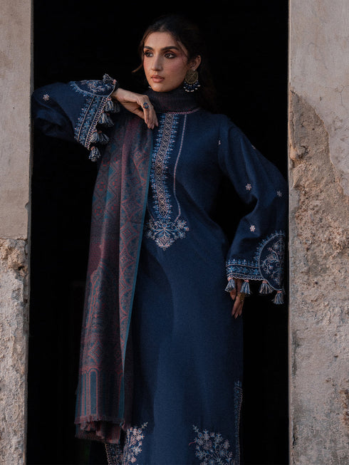 IZEL-3PC DHANAK EMBROIDERED SHIRT WITH COURTRAI PRINTED SHAWL & TROUSER-FW-227