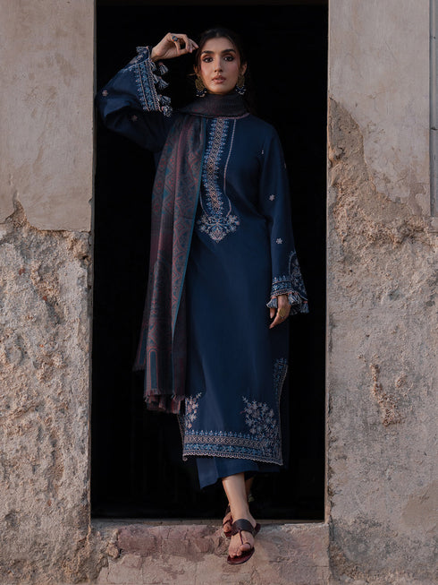 IZEL-3PC DHANAK EMBROIDERED SHIRT WITH COURTRAI PRINTED SHAWL & TROUSER-FW-227