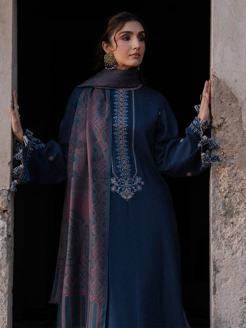 IZEL-3PC DHANAK EMBROIDERED SHIRT WITH COURTRAI PRINTED SHAWL & TROUSER-FW-227