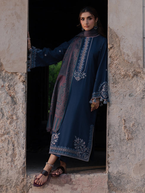 IZEL-3PC DHANAK EMBROIDERED SHIRT WITH COURTRAI PRINTED SHAWL & TROUSER-FW-227