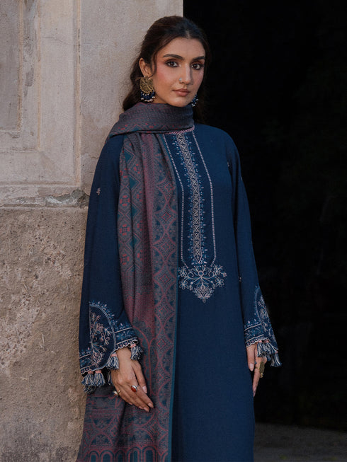 IZEL-3PC DHANAK EMBROIDERED SHIRT WITH COURTRAI PRINTED SHAWL & TROUSER-FW-227