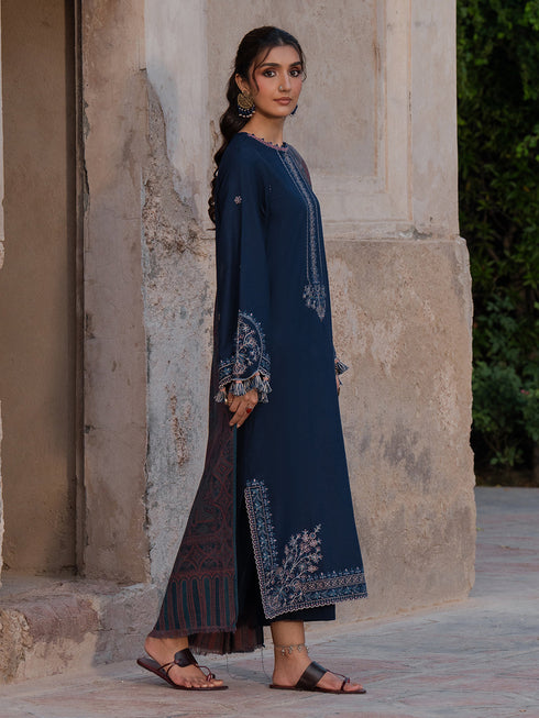 IZEL-3PC DHANAK EMBROIDERED SHIRT WITH COURTRAI PRINTED SHAWL & TROUSER-FW-227