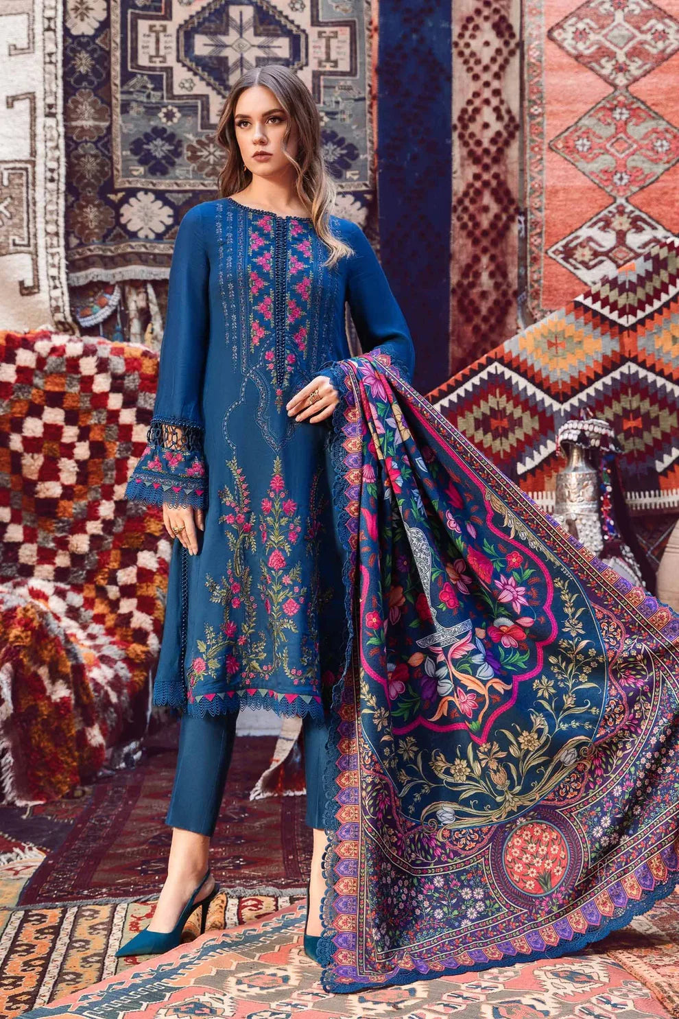 MARIA.B - 3PC EMBROIDERED DHANAK DRESS WITH DHANAK WOOL SHAWL- FW-120