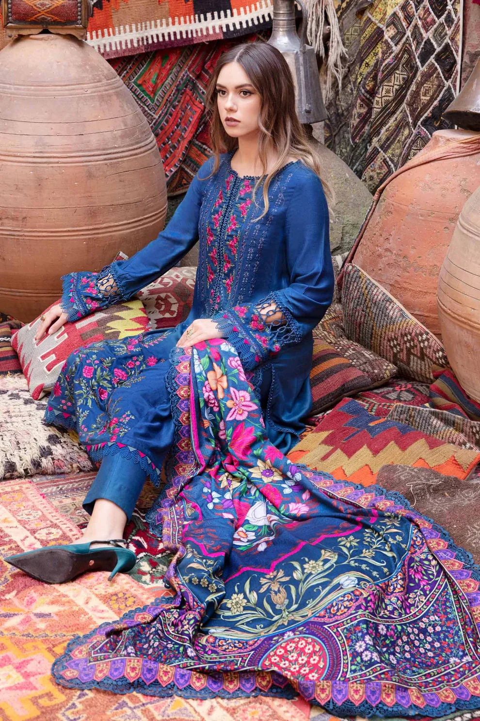 MARIA.B - 3PC EMBROIDERED DHANAK DRESS WITH DHANAK WOOL SHAWL- FW-120