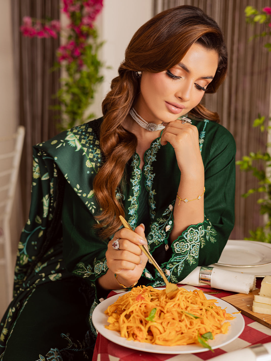 MAHNUR-3PC DHANAK EMBROIDERED SHIRT WITH COURTRAI PRINTED SHAWL & TROUSER-FW-11