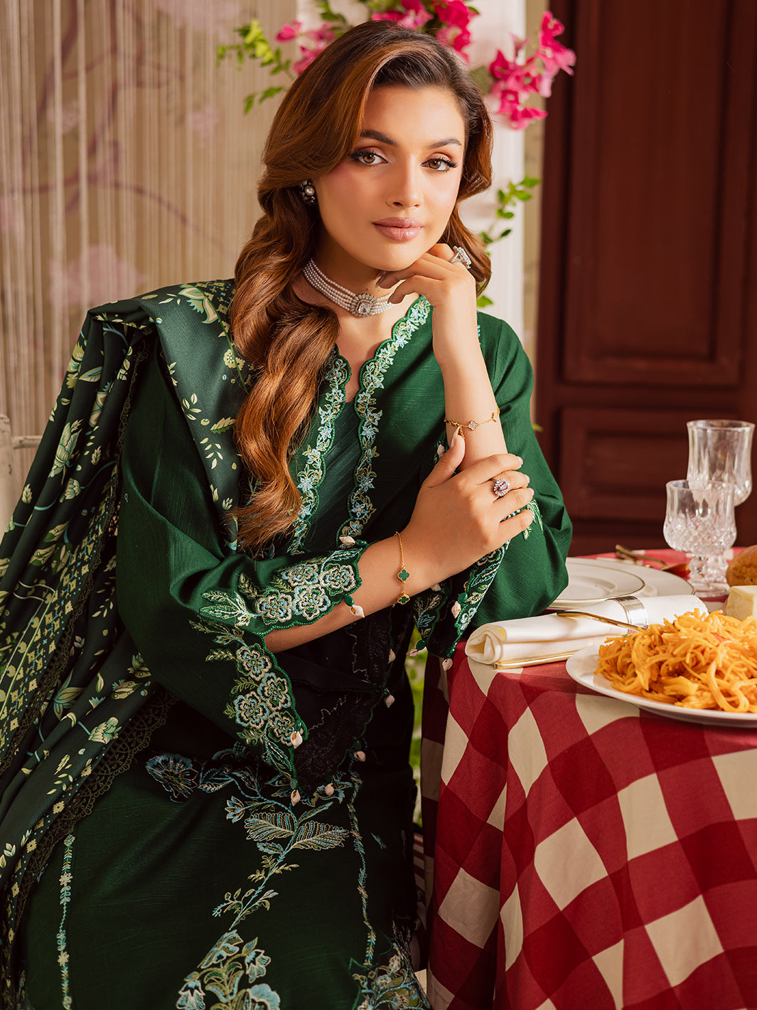 MAHNUR-3PC DHANAK EMBROIDERED SHIRT WITH COURTRAI PRINTED SHAWL & TROUSER-FW-11