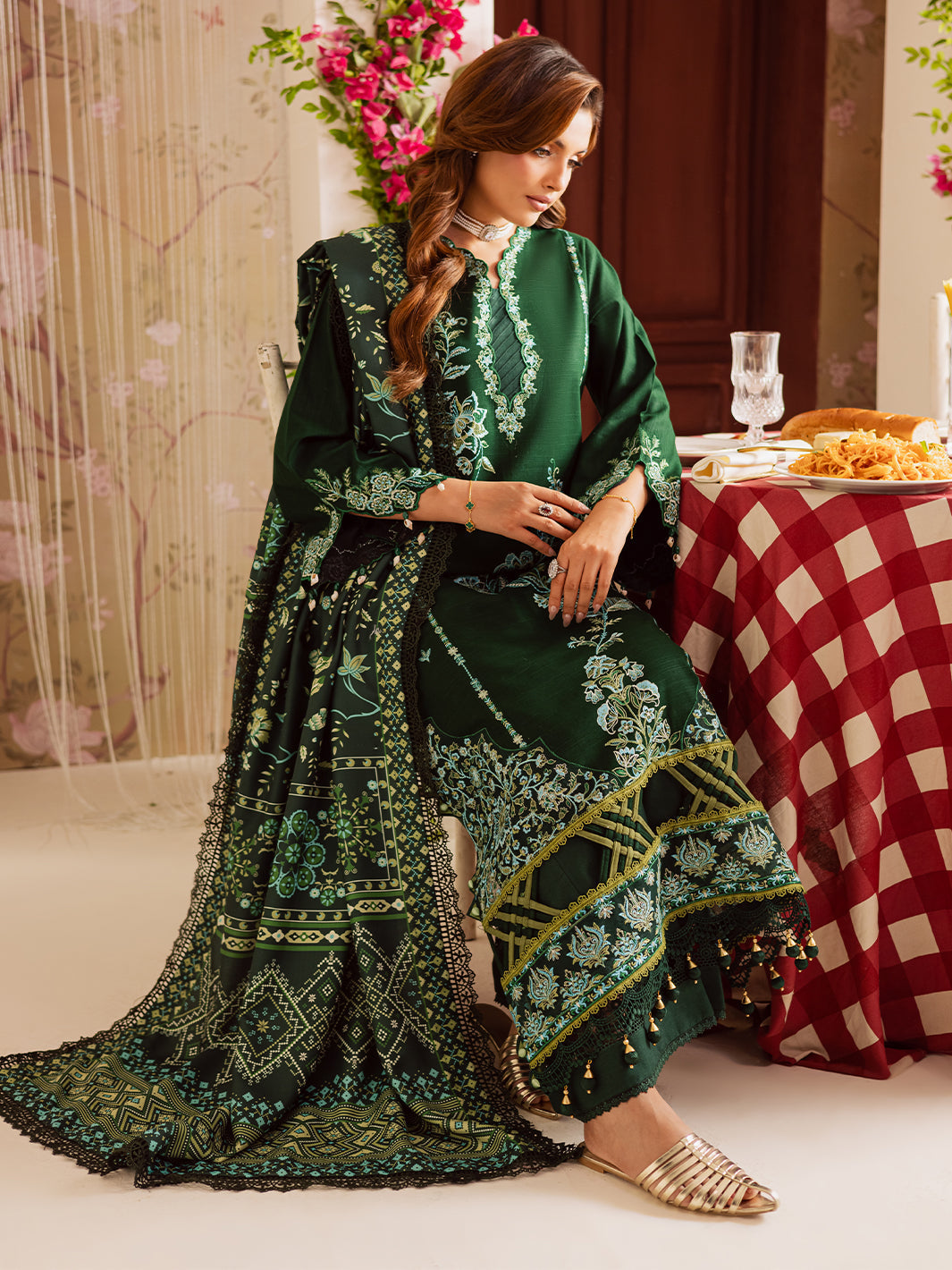 MAHNUR-3PC DHANAK EMBROIDERED SHIRT WITH COURTRAI PRINTED SHAWL & TROUSER-FW-11