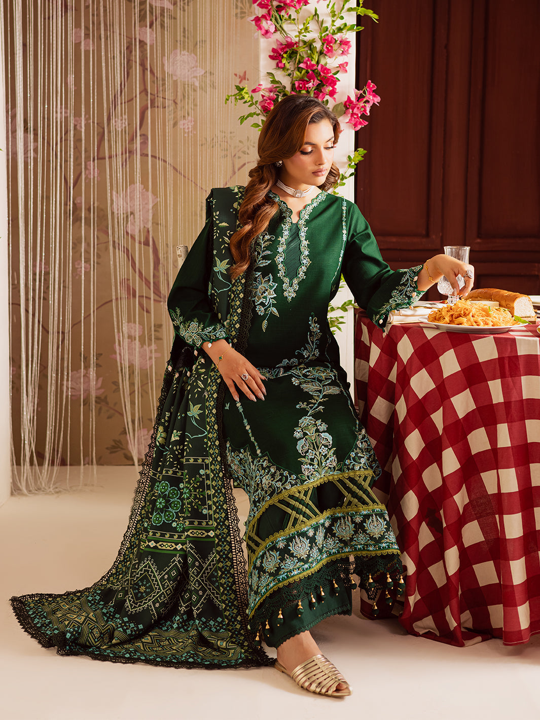 MAHNUR-3PC DHANAK EMBROIDERED SHIRT WITH COURTRAI PRINTED SHAWL & TROUSER-FW-11
