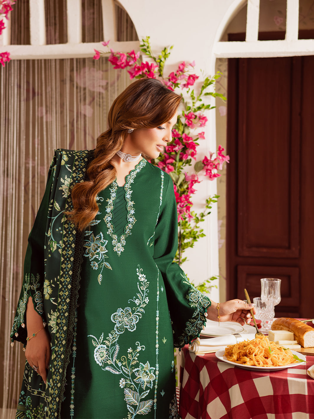 MAHNUR-3PC DHANAK EMBROIDERED SHIRT WITH COURTRAI PRINTED SHAWL & TROUSER-FW-11