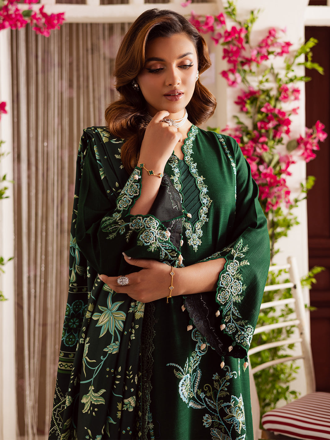 MAHNUR-3PC DHANAK EMBROIDERED SHIRT WITH COURTRAI PRINTED SHAWL & TROUSER-FW-11