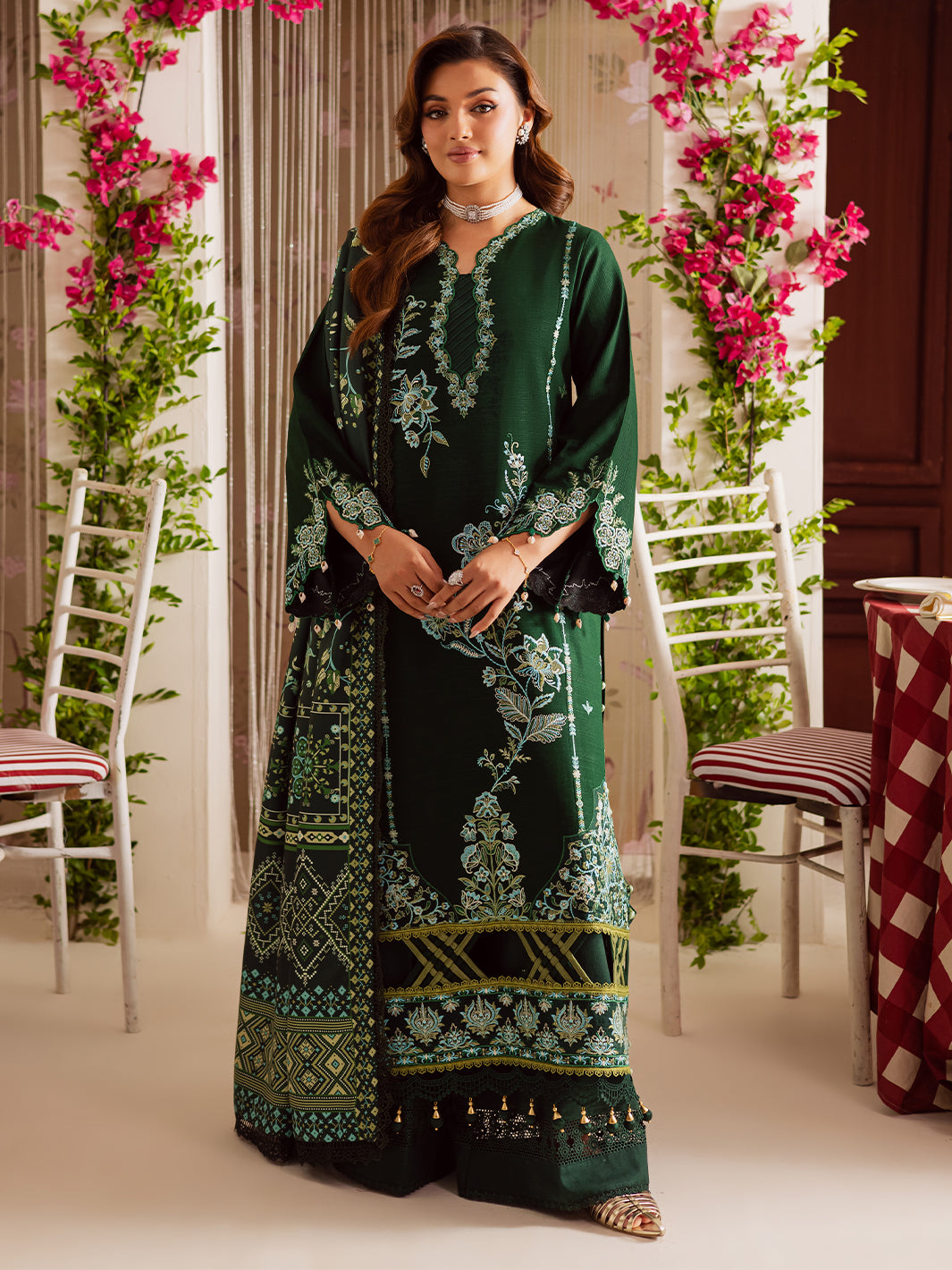 MAHNUR-3PC DHANAK EMBROIDERED SHIRT WITH COURTRAI PRINTED SHAWL & TROUSER-FW-11