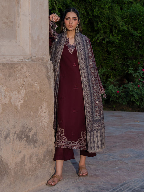 IZEL-3PC DHANAK EMBROIDERED SHIRT WITH COURTRAI PRINTED SHAWL & TROUSER-FW-224