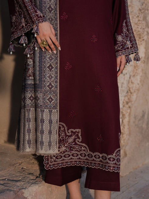 IZEL-3PC DHANAK EMBROIDERED SHIRT WITH COURTRAI PRINTED SHAWL & TROUSER-FW-224