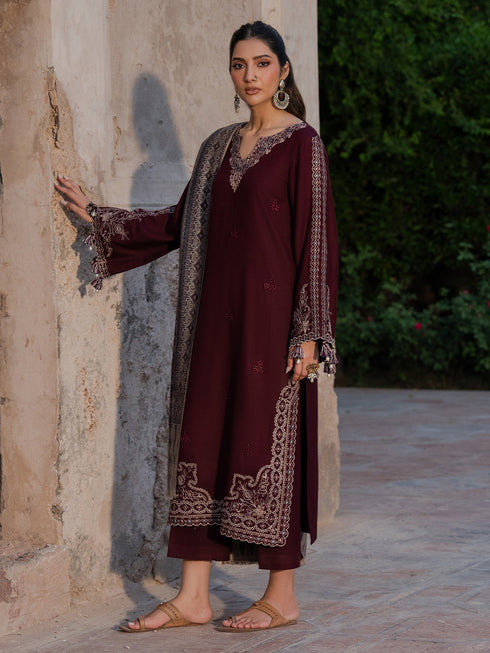 IZEL-3PC DHANAK EMBROIDERED SHIRT WITH COURTRAI PRINTED SHAWL & TROUSER-FW-224