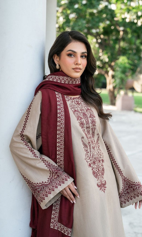 BAROQUE-3PC DHANAK EMBROIDERED SHIRT WITH DHANAK EMBROIDERED SHAWL AND EMB TROUSER-FW-13