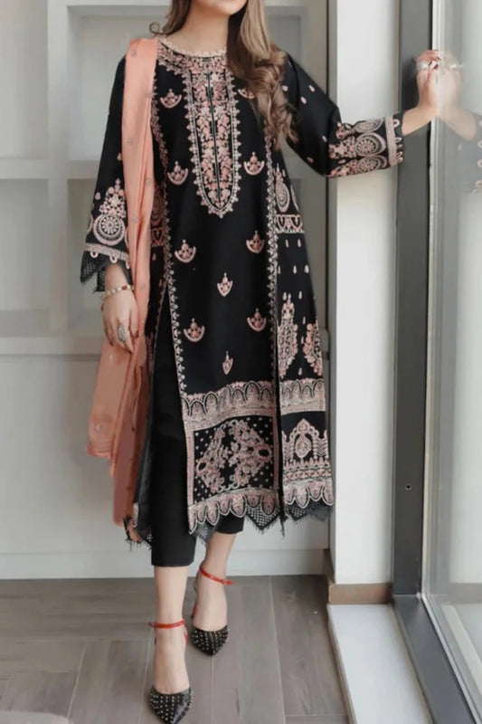 ZAIB -3PC EMBROIDERED DHANAK DRESS WITH FULLY EMBROIDERED DHANAK WOOL SHAWL- FW-127