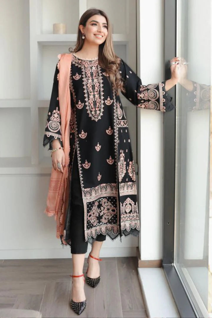 ZAIB -3PC EMBROIDERED DHANAK DRESS WITH FULLY EMBROIDERED DHANAK WOOL SHAWL- FW-127