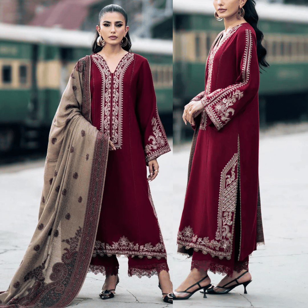 Fairy Clothes Embroidered 3pc Dhanak dress with Printed shawl - FW-19