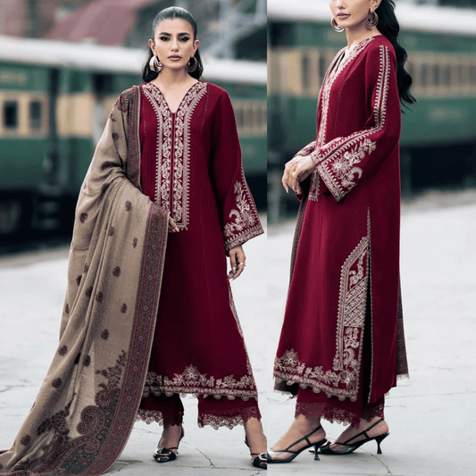 Fairy Clothes Embroidered 3pc Dhanak dress with Printed shawl - FW-19