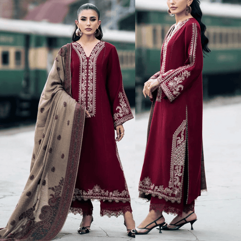 Fairy Clothes Embroidered 3pc Dhanak dress with Printed shawl - FW-19