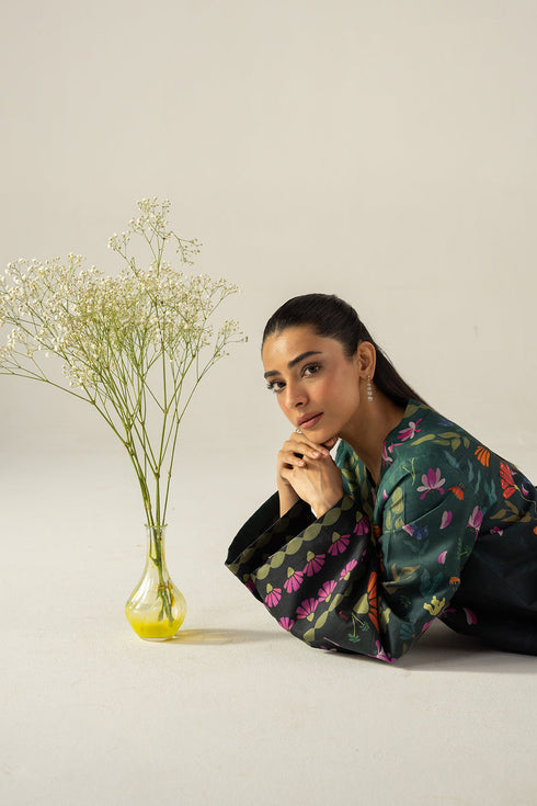 AFROZEH-2PC SHAMOZE SILK PRINTED SHIRT WITH SHAMOZE SILK PRINTED TROUSER-FS-7