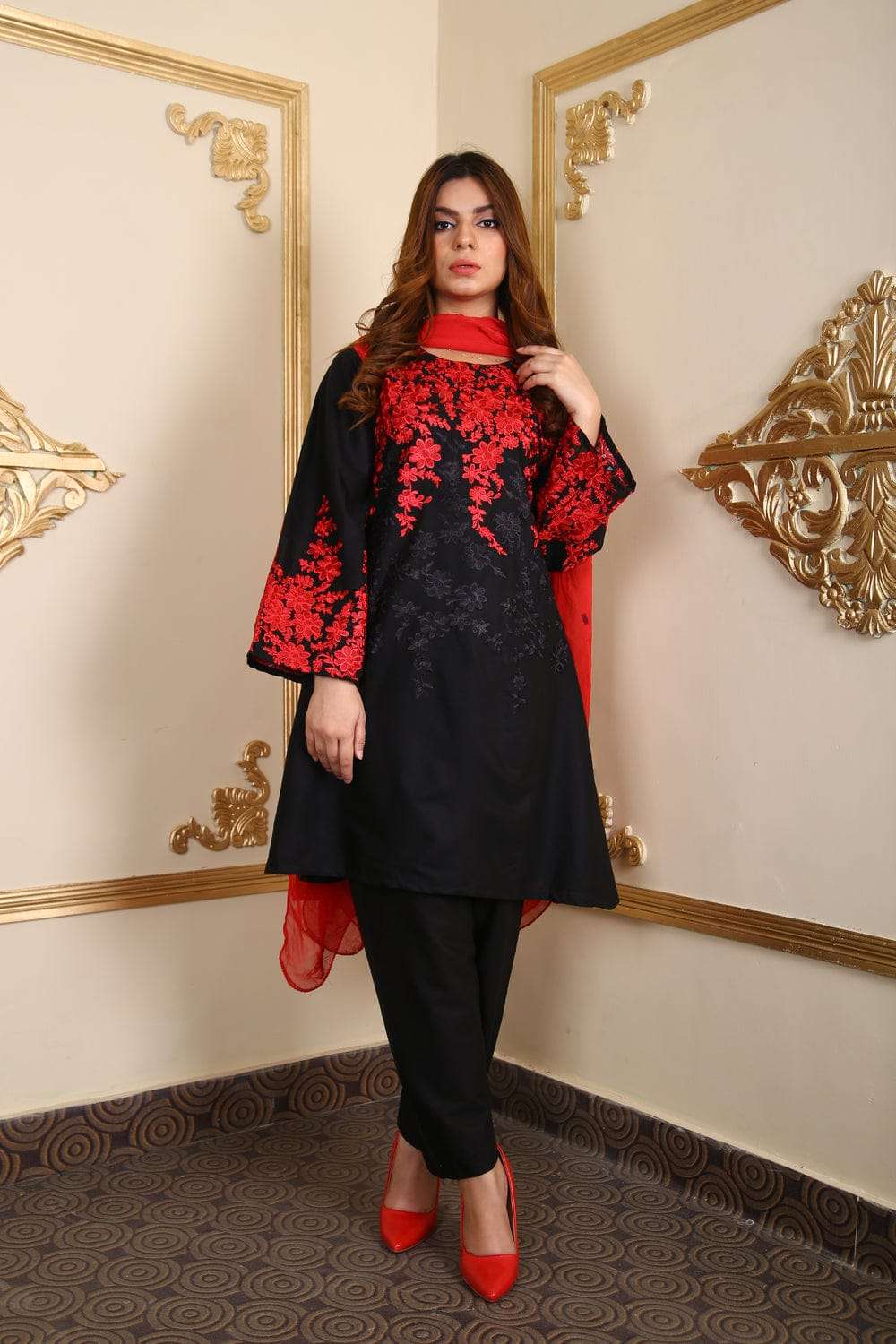 KESARIYA -3PC EMBROIDERED DHANAK DRESS CHIFFON DUPPATA- FW-30