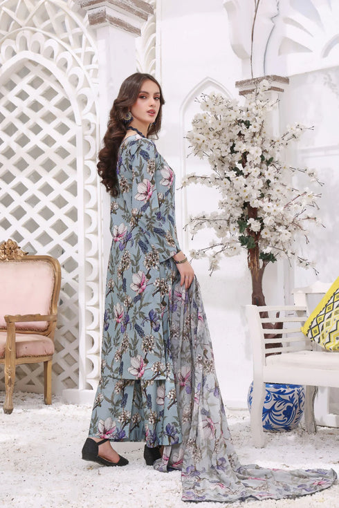 FEATHERS -3PC PRINTED LAWN DRESS WITH SILK DUPATTA- FCP-49