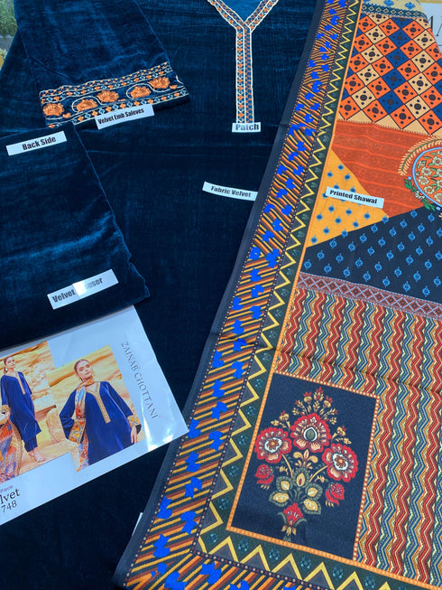 MARIA.B -3PC HEAVY EMBROIDERED VELVET DRESS WITH PRINTED SILK SHAWL DUPATTA- FPW-84