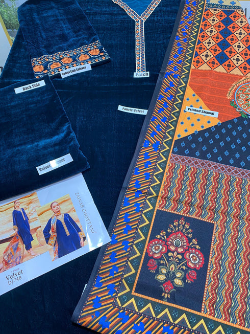 MARIA.B -3PC HEAVY EMBROIDERED VELVET DRESS WITH PRINTED SILK SHAWL DUPATTA- FPW-84