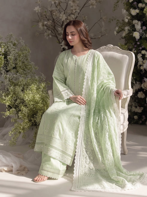 FAIRY CLOTHES -3PC EMBROIDED LAWN DRESS EMBROIDERED COTTON NET DUPPATA - FCO-29 Green BR-1153