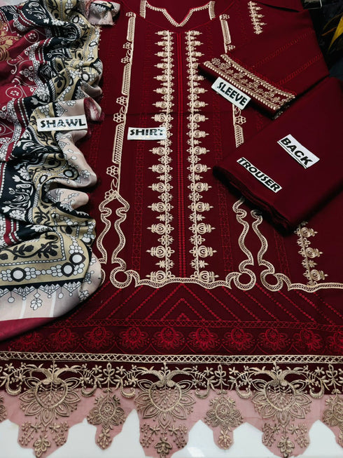 MARIA.B -3PC EMBROIDERED DHANAK DRESS WITH DHANAK WOOL SHAWL- FW-140