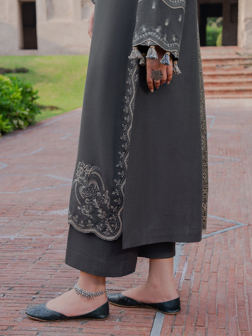 IZEL-3PC DHANAK EMBROIDERED SHIRT WITH COURTRAI PRINTED SHAWL & TROUSER-FW-225