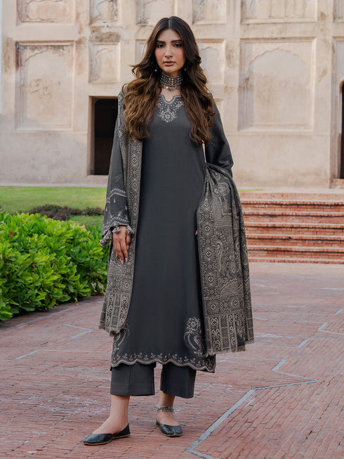 IZEL-3PC DHANAK EMBROIDERED SHIRT WITH COURTRAI PRINTED SHAWL & TROUSER-FW-225