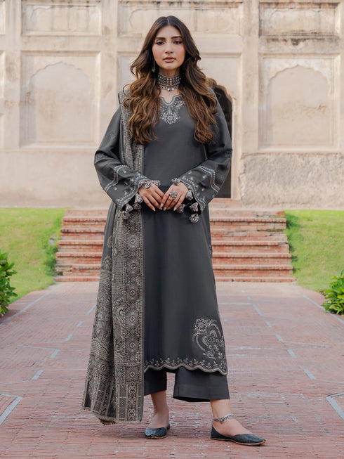 IZEL-3PC DHANAK EMBROIDERED SHIRT WITH COURTRAI PRINTED SHAWL & TROUSER-FW-225