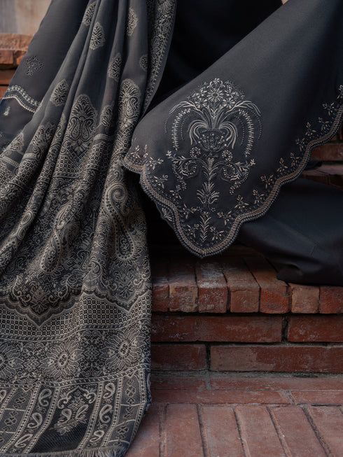 IZEL-3PC DHANAK EMBROIDERED SHIRT WITH COURTRAI PRINTED SHAWL & TROUSER-FW-225